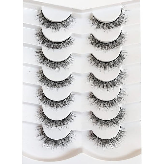 Pooplunch Fake Eyelashes Short Natural False Eyelashes Cat-Eye Wispy Volume Lightweight Faux Mink Eye Lashes Strips 7 Pairs Pack