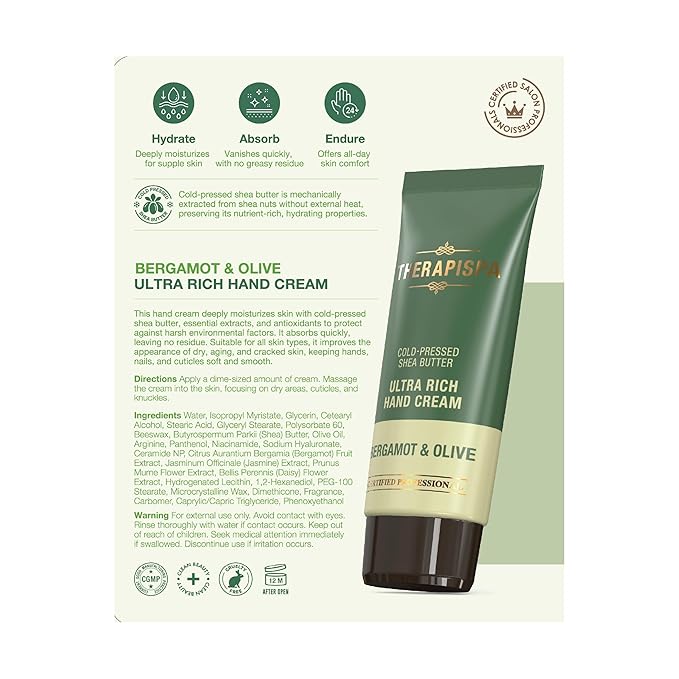 THERAPISPA Ultra Rich Hand Cream – Intensive Hydration & Repair for Dry, Chapped Hands | Enriched with Shea Butter, Ceramides, Niacinamide (B3) & Panthenol (B5) (Bergamot & Olive, 2.0 oz, Pack of 1)