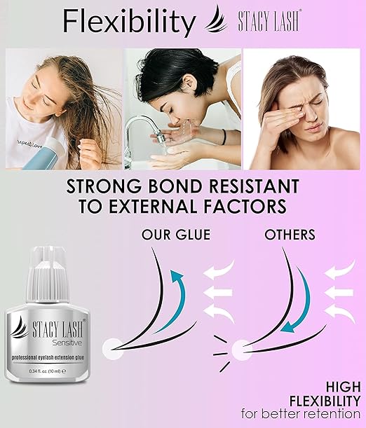 STACY LASH Sensitive Eyelash Extension Glue 0.34fl.oz/10ml / 5-6 Sec Drying time/Retention – 4-5 Weeks/Professional Black Adhesive/Lash Tech Supplies Includes Glue Ring