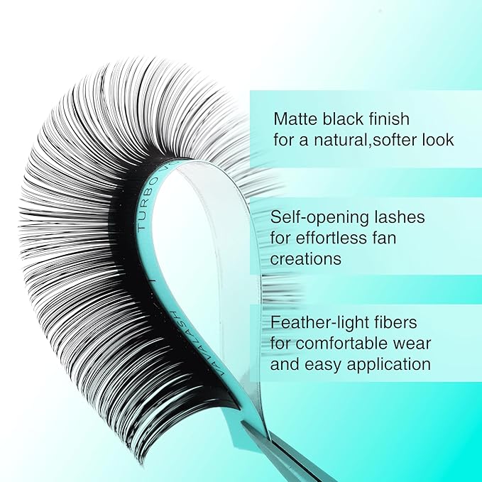 Shimmy-free Lashes Extenisons Self Fanning Eyelash Extensions 0.03 0.05 Turbo Volume Lashes C/CC/D Curl 9mm True Matte Black Lash Extensions Professional Volume Eyelashes (0.05-CC-9mm)