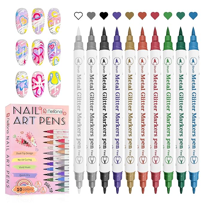 Dual tip Nail Art Pens Set – 10 Colors Acrylic Nail Polish Pens with Fine Tip & Brush Tip for DIY Nail Designs, Quick Dry, Long Lasting Nail Art Markers for Professional Manicure, Home & Salon Use