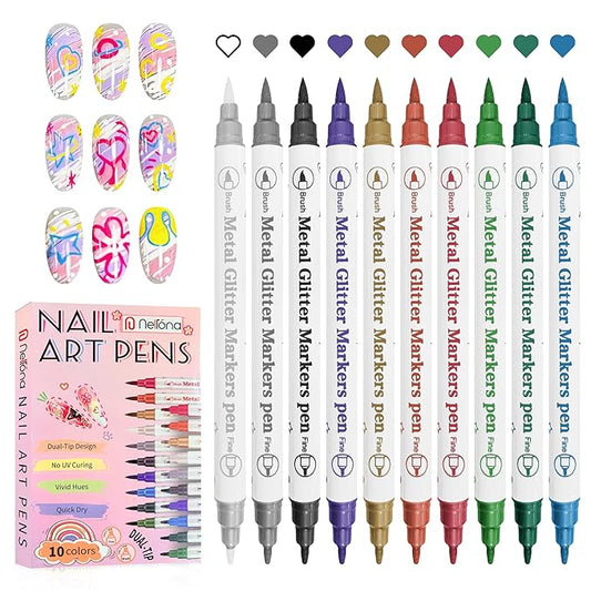 Dual tip Nail Art Pens Set – 10 Colors Acrylic Nail Polish Pens with Fine Tip & Brush Tip for DIY Nail Designs, Quick Dry, Long Lasting Nail Art Markers for Professional Manicure, Home & Salon Use