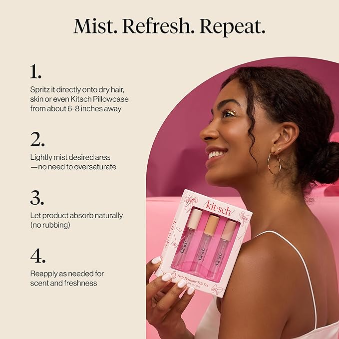 Kitsch Hair Perfume for Women - Trio Set | Clean, Deodorizing & Patented Odor-Eliminating Technology Hair Spray & Body Mist - Freshen Hair, Pillows - Amber Shores, Warm Sugar, Rustic Vanilla, 3x10mL