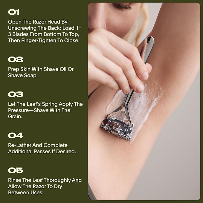 Leaf Shave | Leaf Razor Set, All-Metal Safety Razor with Pivoting Head & Adjustable Blade Loading, Includes Matching Stand, 50 Single-Edge Refills, and Recycling Bank for Used Blades - Mercury