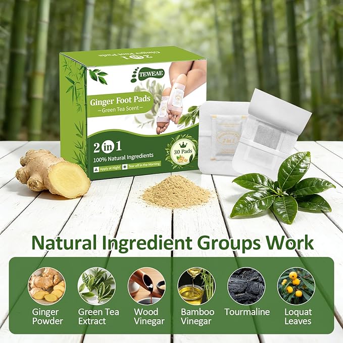 TEWEAE Ginger Foot Pads to Feel Better, 2 in 1 Premium Natural Bamboo Vinegar Foot Care Pad for Sleep Better & Soothing, Green Tea Scented - 30 Pads (Pack of 1)