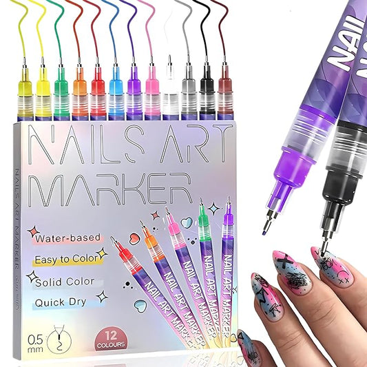 12 Colors Nail Art Pens Set Nail Art Pens, Nail Art Markers for Nail Art Fine Tip Nail Art Pen 0.5mm, Nail Polish Pens Quickly Dry Nail Art Pens for Painting Nails for Home DIY Salon