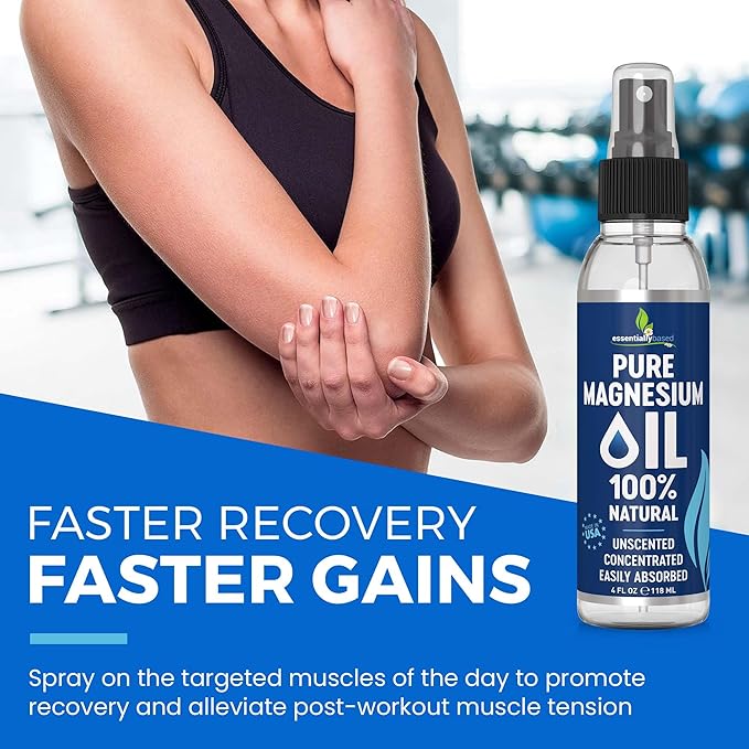Pure Magnesium Oil Spray 4oz - Topical Magnesium Spray for Sleep Extra Strength - Less Sting - Less Itch - 100% Natural and Organic Oil - Made in USA