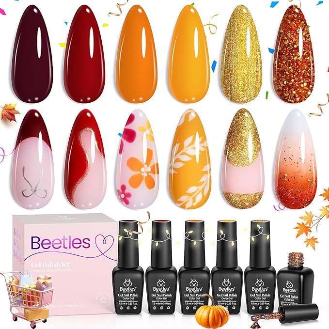 Beetles Fall Gel Nail Polish Set 6 Colors Gel Polish Red Orange Brown Gold Glitter Kit DIY Home Nail Art Manicure Kits UV LED Needed Gifts for Women Golden Blessing
