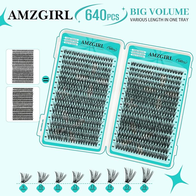 Lash Clusters 2 Style Cluster Lashes 640PCS Eyelash Extension 40D+50D Cluster Lashes Individual Lashes DIY Lash Extension Natural Black Cluster Eyelash Extensions at Home for Beginners(D-Mix9-16mm)