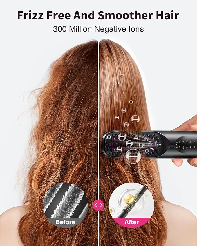 Cordless Hair Straightener Brush - Portable Hair Straightening Brush for Travel - 300M Negative Ions for Frizz-Free Shine, Touch Up On-The-Go, Fast Heating, Gift for Women, 10,000mAh, Charcoal Black