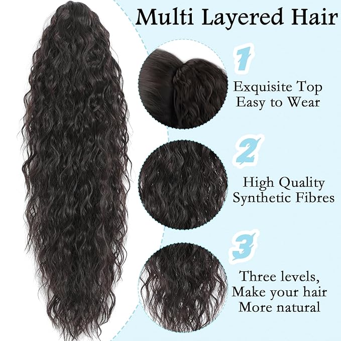 Ponytail Extension, Claw Clip on Pony tails Hair Extension for Women 22 Inch Long Wavy Curly Fake Ponytail Clip in Hair Pieces for Women Fluffy Natural Looking (Dark Brown Black, 22 Inch)