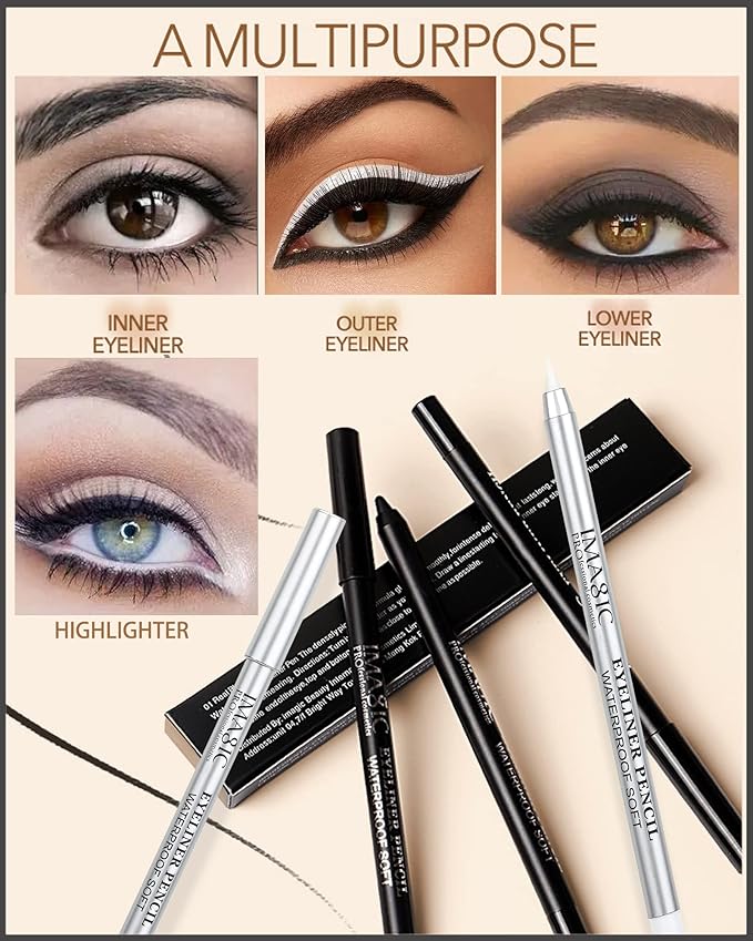 Black & White Waterproof Gel Eyeliner Pens, White Highlighter Eye Liner Pencil, Matte Long Lasting Super Smooth formula Eye Liner Eyeshadow Makeup Pencil, Gift Set for Women(3Pcs)