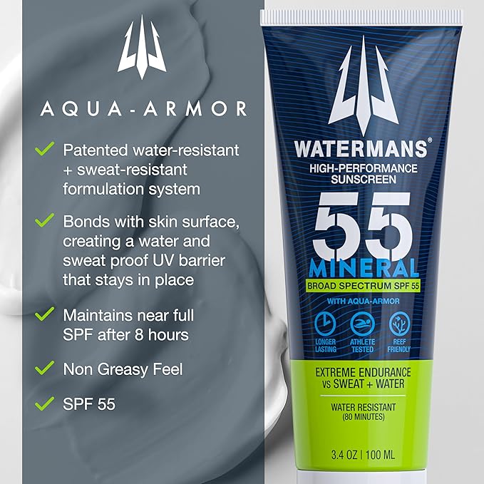 Watermans Mineral SPF 55 Sunscreen with Zinc, Aqua-Armor, Broad Spectrum Sunscreen for Face and Body, Reef Safe Sunscreen, Water Resistant, Mineral Sunscreen