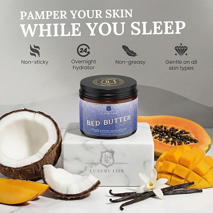 LUXURY LIFE Bed Butter - Irresistibly Fragranced Mood-Enticing Butter Infused with Hyaluronic Acid. Extra Rich Calming Nighttime Moisturizer for Sensual Stimulating Experience (Island Passion, 8 oz)