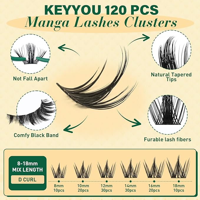 KEYYOU LASH Manga Lash Clusters 8-18mm Fairy Eyelash Clusters Natural DIY Lash Extension Wispy with Soft Thin Band(MG01-8-18)