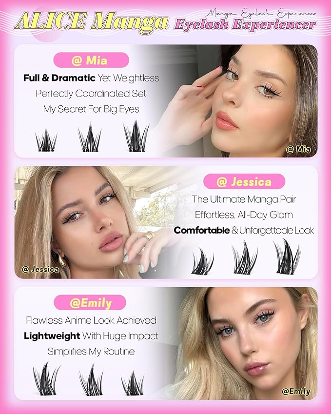 ALICE Manga Lash Clusters Kit Clear Band Natural Lash Extensions Kit 5-14mm Wispy Cluster Eyelash Extension Kit DIY Invisible Band Individual Cluster Lashes with Spiky Bottom Lashes Bond and Seal