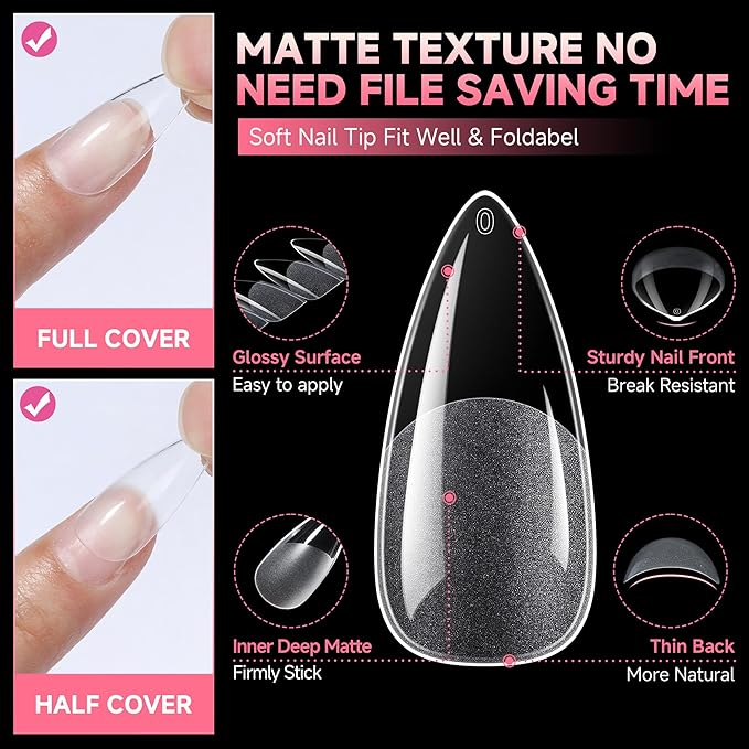 UNA GELLA Stiletto Gel Nails Press On 504Pcs Medium Almond Stiletto Clear Gel Nail Tips Full Cover Pre-matte Fake False Acrylic Nails for Nail Extensions Home Art Salon 12 Sizes