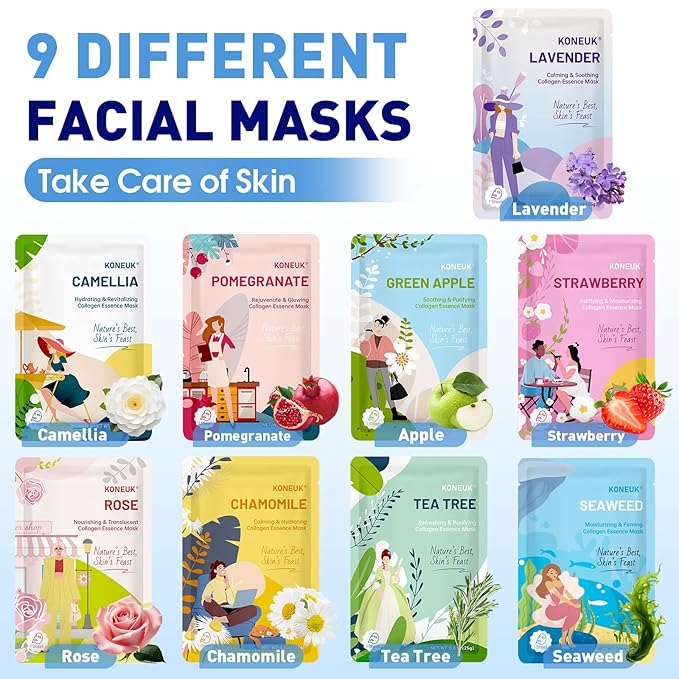 9 Pack Hydrating Face Masks Skincare, Bulk Sheet Face Mask for Dry Skin, Collagen Facial Masks Spa Gifts for Women Skin Care, Valentines Day Gifts, Mothers Day Gifts for Mom, Teacher and Nurse Gifts
