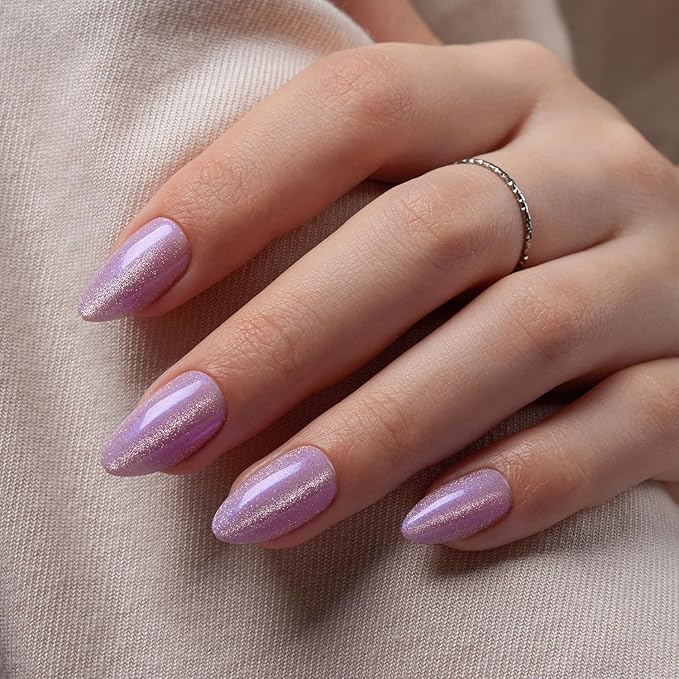 VSALON Press on Nails Short Almond - Purple Cat Eye Glitter Nails Kit for Women, Lilac Valentines Opaque Gel Fake Nails with Glue & Cuticle Oil - 32 PCS Stick On Nails in 16 Sizes (Iris)