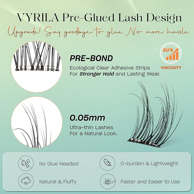 VYRILA Self-Adhesive Lash Cluster Kit, Pre-Glued Clusters with Tweezers, Pop-On Faux Eyelashes, 3D Thin Band D Curl Natural Look Lahses, Easy to Apply, Reusable Eyelash Extensions (Charm-10-16-Kit)
