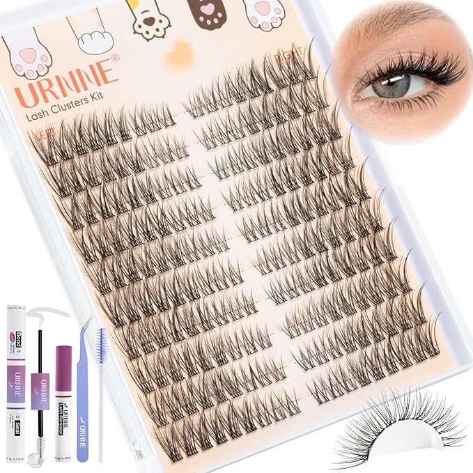 URNNE Wispy Lash Clusters, Lash Clusters Kit, Lash Extension Kit, C Curl Left & Right 180pcs 7-15 mm Individual Cluster Eyelash Extension with Bond and Seal, Tweezers, Remover