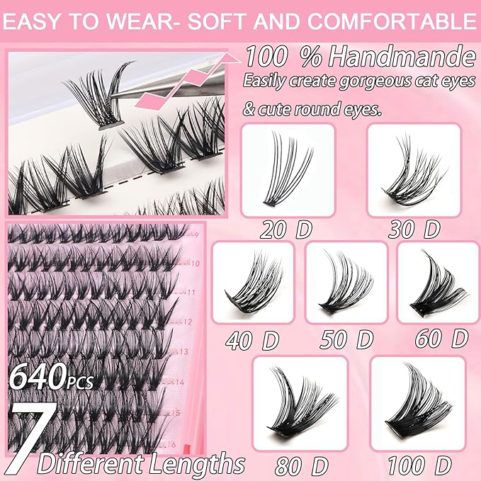 Lash Clusters Kit, 640 Pcs Eyelashes Clusters Extensions Kit 9-16mm Individual Lashes D Curl Fluffy Wispy False Eyelashes Thin Band with Bond Seal Tweezers Brush DIY (30D+40D+50D+60D Kit 9-16mm)