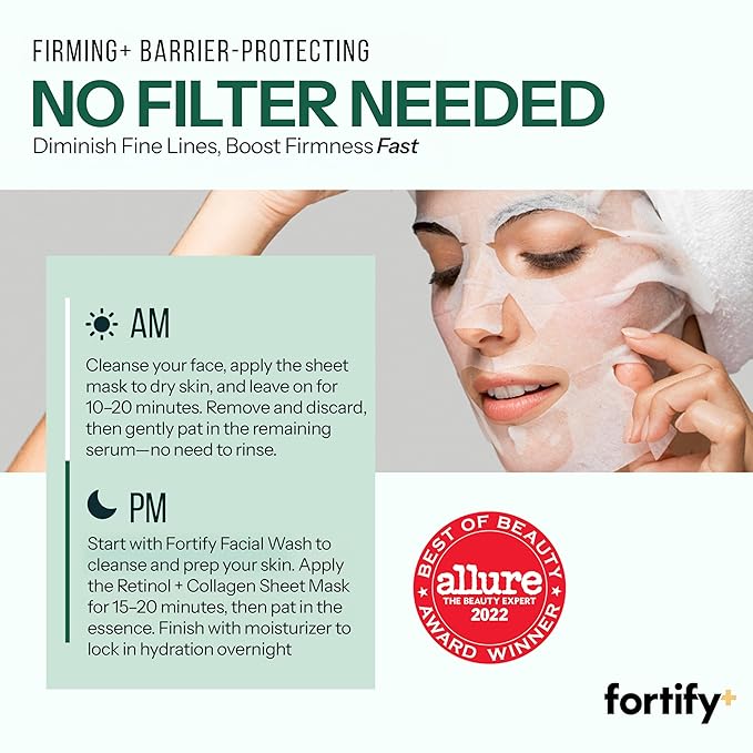 Fortify Skincare Retinol & Collagen Face Mask – 3-in-1: Detox, Treat, Boost – Hydrating, Firming, Anti-Aging – Dermatologist Tested Korean Skin Care – Clean Beauty Vegan Sheet Mask – 5 Sheets