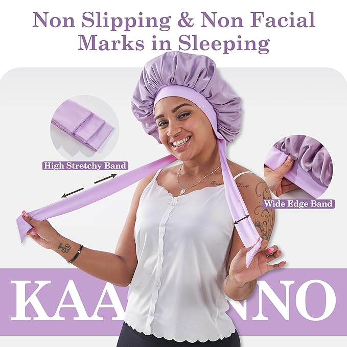Tie Band Silk Satin Bonnet for Sleeping Hair: Women Sleep Night Wrap Cap for Straight Wavy Curly Coily Kinky Natural Hair Head - Lavender Purple