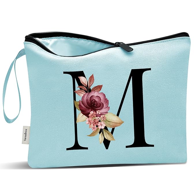 Vavabox A-Z Personalized Makeup Bag, Birthday Gifts for Women Mom, Gifts for Best Friend, Bride Bridesmaid Cosmetic bag (M, Green)