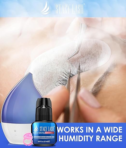 STACY LASH Extra Strong Evolution Eyelash Extension Glue (0.17fl.oz / 5ml) / 0.5-1 Sec Dry/Retention – 8 Weeks/Professional Black Adhesive/Lash Tech Supplies + Glue Ring