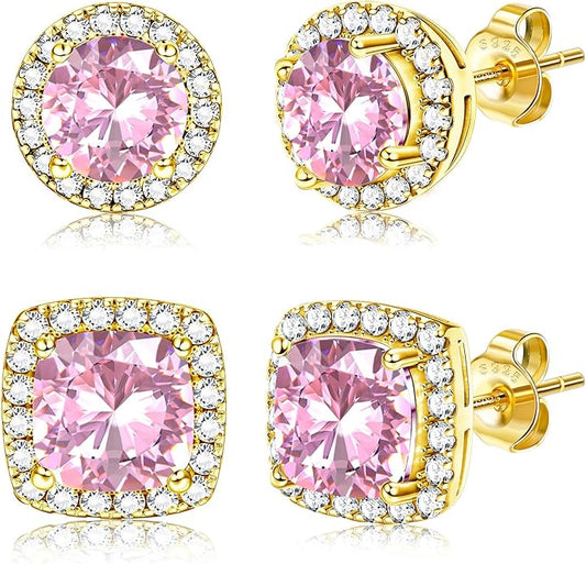Hayoso 18K Gold Plated Halo Stud Earrings 925 Sterling Silver Cubic Zirconia Stud Earrings Round Square Diamonique Stud Earrings Set for Women Men