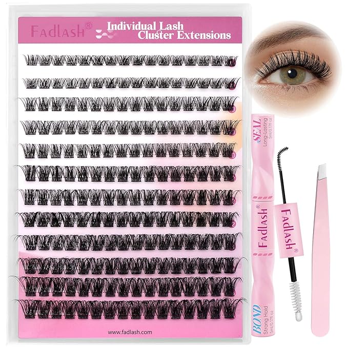 FADLASH Lash Extension Kit Fluffy Lash Clusters 0.07 D Curl Mixed Tray Wispy Eyelash Clusters with Lash Bond and Seal Lash Tweezer Diy Lash Clusters Kit for Beginners at Home(C3-0.07D, 8-16mm Kit)
