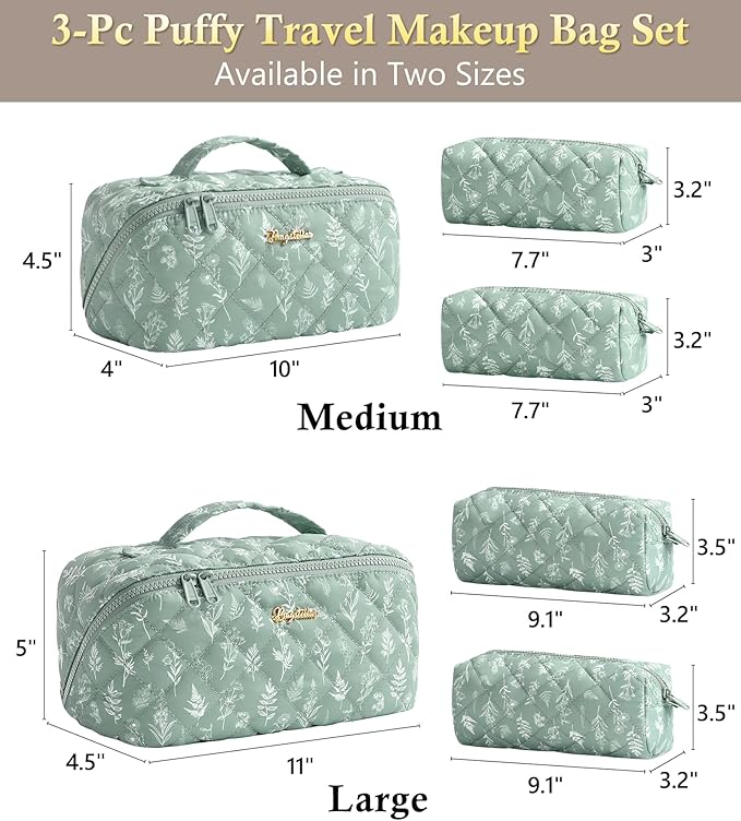 Travel Makeup Bag, 3 Pcs Large Capacity Puffy Toiletry Bag for Women, Open Flat Make up Cosmetic Organizer w/Handle & Clear Divider Water-resistant Portable Pouch Travel Essentials, L-Green Floral