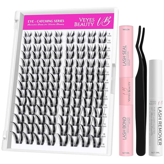 VEYESBEAUTY Bunny Lash Clusters Kit Individual Lash Extensions Eye-Catching Series DIY Dramatic Eyelash Wispy Faux Mink Lash Mixed Length Tray with Bond & Seal, Applicator at Home