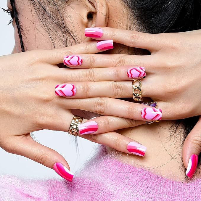 GLAMERMAID Hot Pink Ombre Press on Nails Medium Square, Color Gel False Nals, Valentine Colorful Glue on Nails Kit for Women, Pop Comic Sweet Reusable Stick on Acrylic Fake Nails Manicure Set