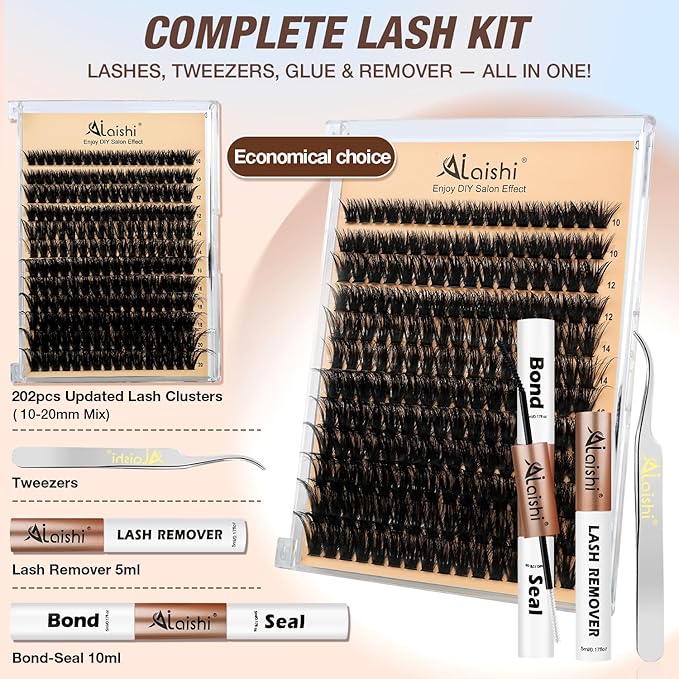 AILAISHI Lash Clusters Kit, DIY Cluster Eyelash Extensions 10‑20mm, 90D, 202pcs Fluffy D Curl Natural Lashes with Bond & Seal,Remover,Tweezers – Fake Cat Eye Individual Clusters