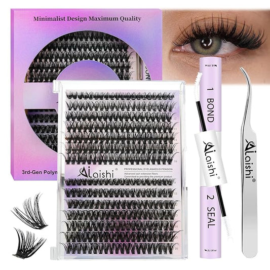 AILAISHI Lash Clusters Kit, DIY Cluster Eyelash Extensions 9‑16mm, 40D+50D, 280pcs Fluffy D Curl Natural Lashes with Bond & Seal,Tweezers–Fake Cat Eye Wispy Individual Clusters
