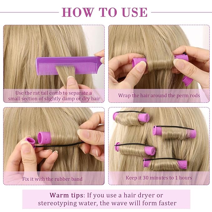 48 Pieces Hair Perm Rods Short Cold Wave Rods Plastic Perming Irons Hair Curling Rollers Curlers with Steel Pintail Comb Rat Tail Comb for Hairdressing Styling Supplies(0.75 Inch,Purple)