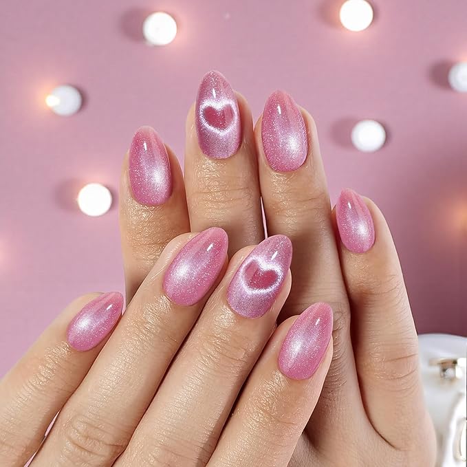 RPNZL Press On Nails - Love Beam | Heart Cat Eye, UV Finish Almond Nails, Salon Quality | 32 Nails, 16 Sizes Kit with Glue and Adhesive Tabs I Female Founded - Beauty, Self Care