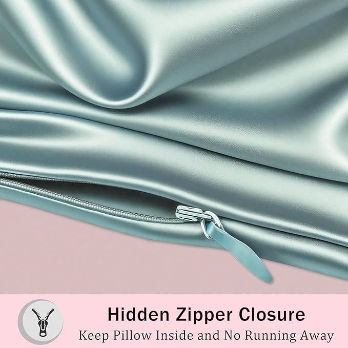 Mulberry Silk Pillow Cases with Zipper, Ultra Smooth Soft Breathable Cooling Pillow Cases for Hot Sleepers, Silk Satin Pillowcase for Hair and Skin, Gifts for Women (Haze Blue, Queen Size, 1 Pack)