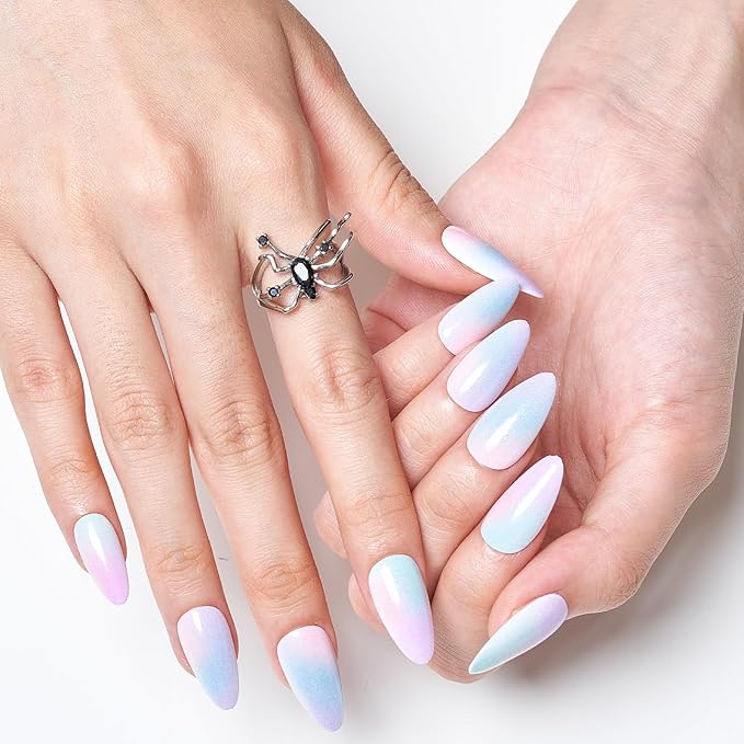 GLAMERMAID Press on Nails Medium Almond, Purple Blue Ombre Gel Glue on Nail, Colorful Cloud Glossy Short Stiletto Reusable UV Finish Fake Nails, Hazy Acrylic False Nails Manicure Kits for Women