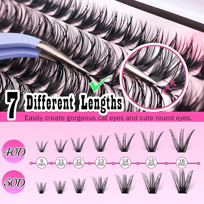 DIY Lash Extension Kit Cluster Lashes 280 pcs Lash Clusters with Lash Brush D Curl Volume Eyelashes Extensions 9-16 mm 40D+50D Individual Lashes Thin Band Eyelashes Cluster Kit for Beginners (No Glue)
