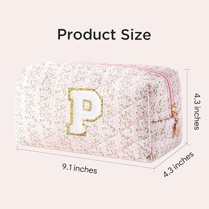 HBselect Initial Makeup Bag for Women, Pink Cosmetic Travel Toiletry Bag, Flowers Zipper Make Up Pouch Organizer Teen Girl Gifts Trendy Stuff P