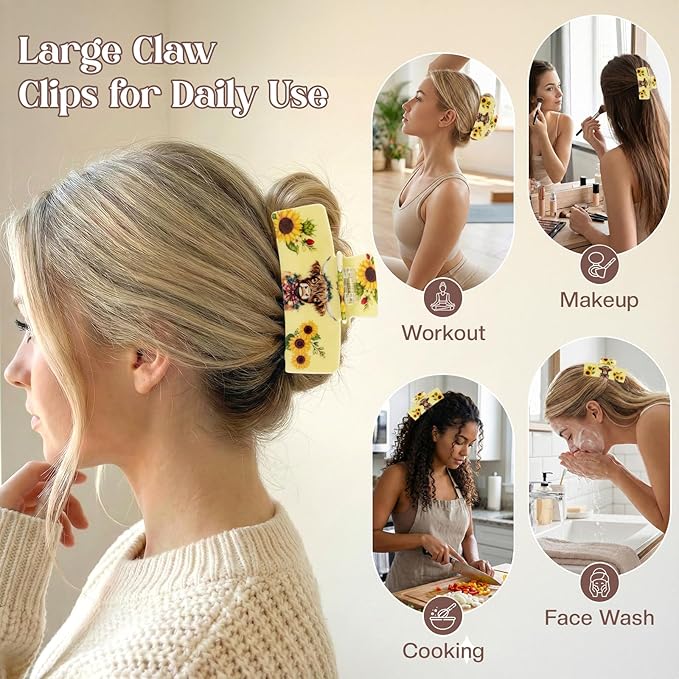 Medium Hair Claw Clips with Cow Sunflower Design, Jaw Clip for Hair, Non-Slip Strong Hold Hair Clamps for Thick & Thin Hair, Animal Hair Accessories for Women Daily Wear, Travel, Party Decor