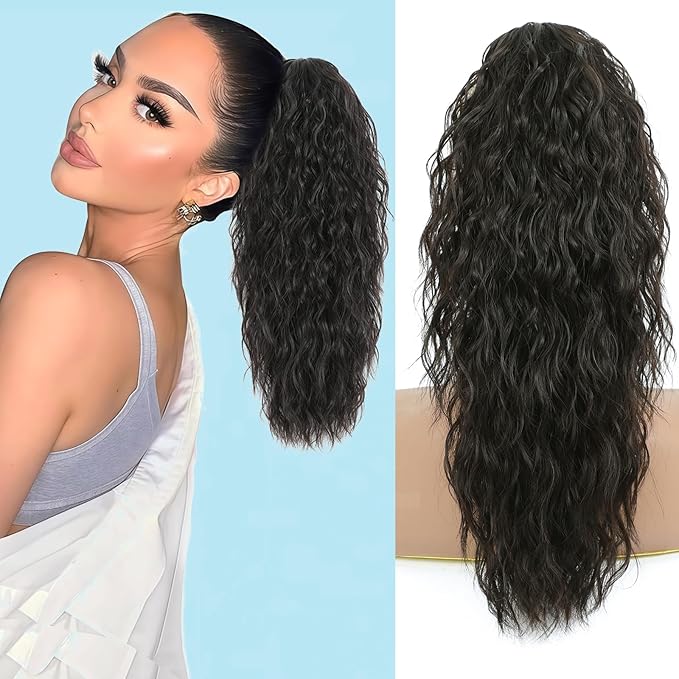 Ponytail Extension, Claw Clip on Pony tails Hair Extension for Women 18 Inch Long Wavy Curly Fake Ponytail Clip in Hair Pieces for Women Fluffy Natural Looking (Dark Brown, 18 Inch)