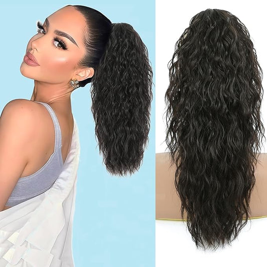 Ponytail Extension, Claw Clip on Pony tails Hair Extension for Women 18 Inch Long Wavy Curly Fake Ponytail Clip in Hair Pieces for Women Fluffy Natural Looking (Dark Brown, 18 Inch)