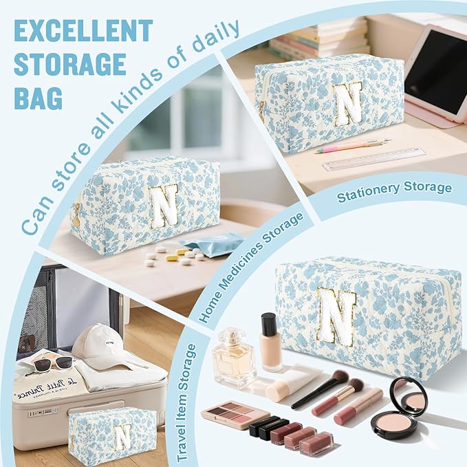 Personalized Quilted Cosmetic Bag, Puffy Monogrammed Christmas Birthday Gifts for Women & Girls, Cute initial Floral Makeup Bag Puffer Coquette Bag, Aesthetic Travel Toiletry Zipper Pouch(Blue,N)