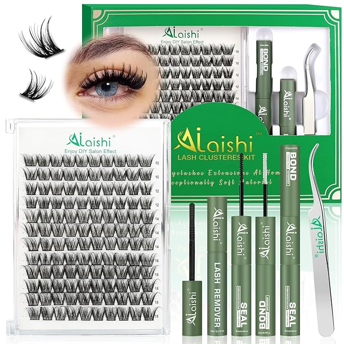 Lash Clusters Kit, DIY 3D Cluster Eyelash Extensions 10‑18mm,120pcs Fluffy D Curl Soft Natural Lashes with Bond and Seal,Remover,Tweezers, –Natural Fake Cat Eye Wispy Individual Clusters（DF2MIX1-4）