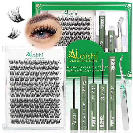 Lash Clusters Kit, DIY 3D Cluster Eyelash Extensions 10‑18mm,120pcs Fluffy D Curl Soft Natural Lashes with Bond and Seal,Remover,Tweezers, –Natural Fake Cat Eye Wispy Individual Clusters（DF2MIX1-4）