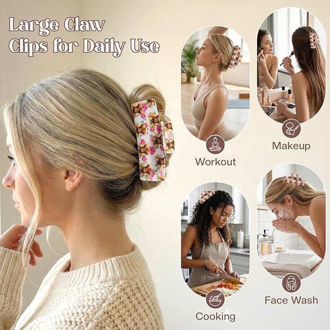 Medium Hair Claw Clip for Women, Highland Cow Floral Print Hair Clip, Strong Hold Non-Slip Jaw Clamp for Thick & Thin Hair, Cute Farm Animal Hair Accessory for Daily Wear, Parties, Travel